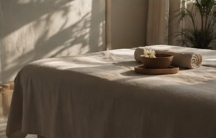 Maca com lençol de linho e toalha enrolada, à luz da tarde